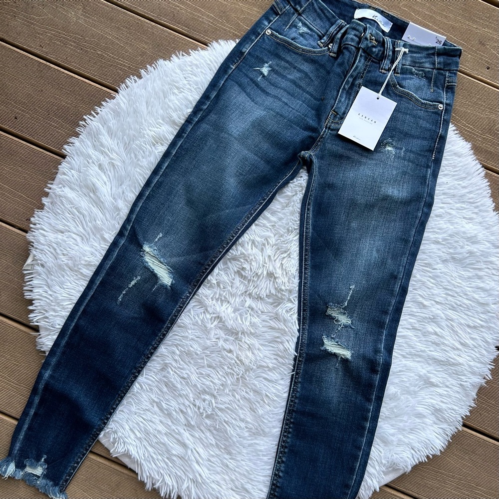 KanCan Blue Mid Rise Distressed Skinny Jeans Size 5 / 26 Ankle Short Length NEW - Picture 6 of 12